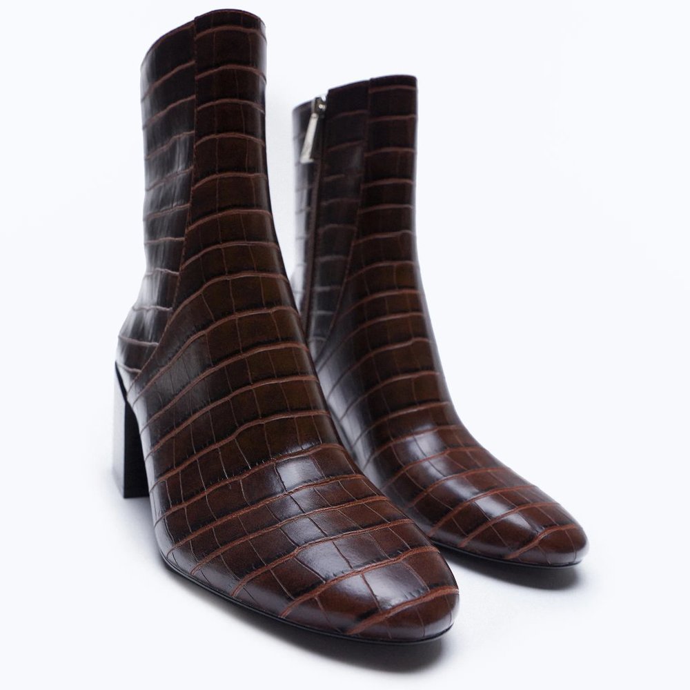 ZARA Mid-Height Brown Snakeskin Ankle Boots